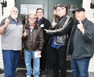 North Babylon Resident Cliff Schlesinger becomes the first public visitor to LIMEHOF. L-R Richard Branciforte, Cliff Schlesinger, LIMEHOF Chairman Ernie Canadeo, Exhibit Designer Kevin O’Callaghan and Board Member Jim Faith. Photo Credit Ed Shin/LIMEHOF